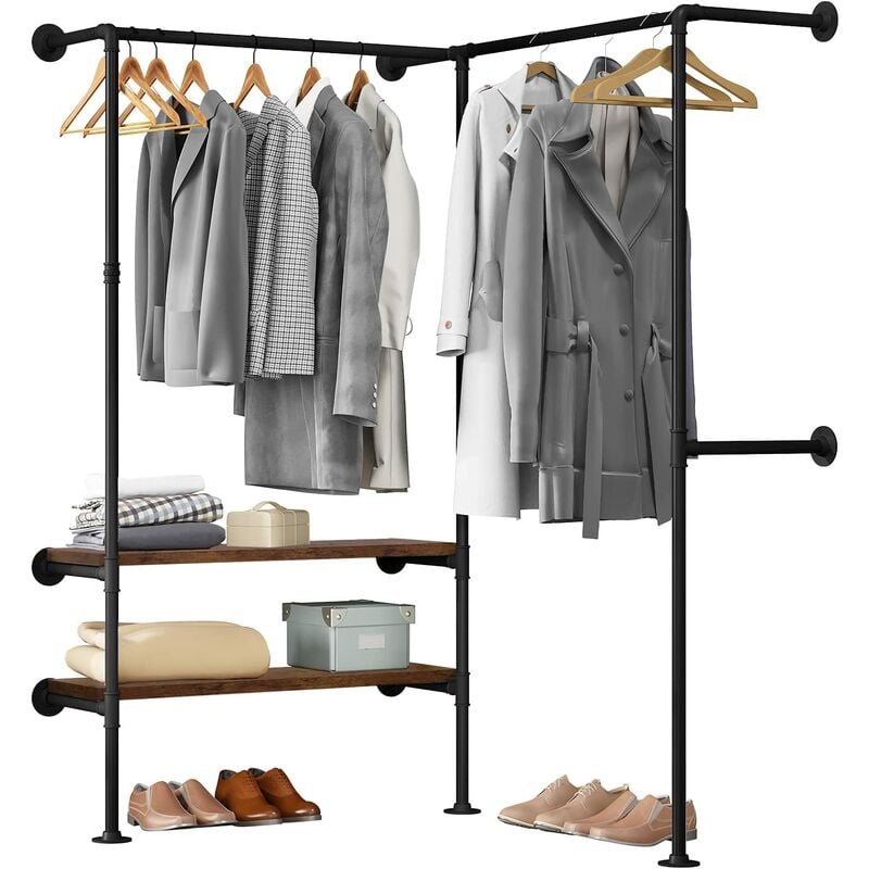 Portant à Vêtements Mural Woltu Porte-Manteau en Tubes d'Acier et 2 Étagères, Style Industriel, Noir+Chêne Foncé