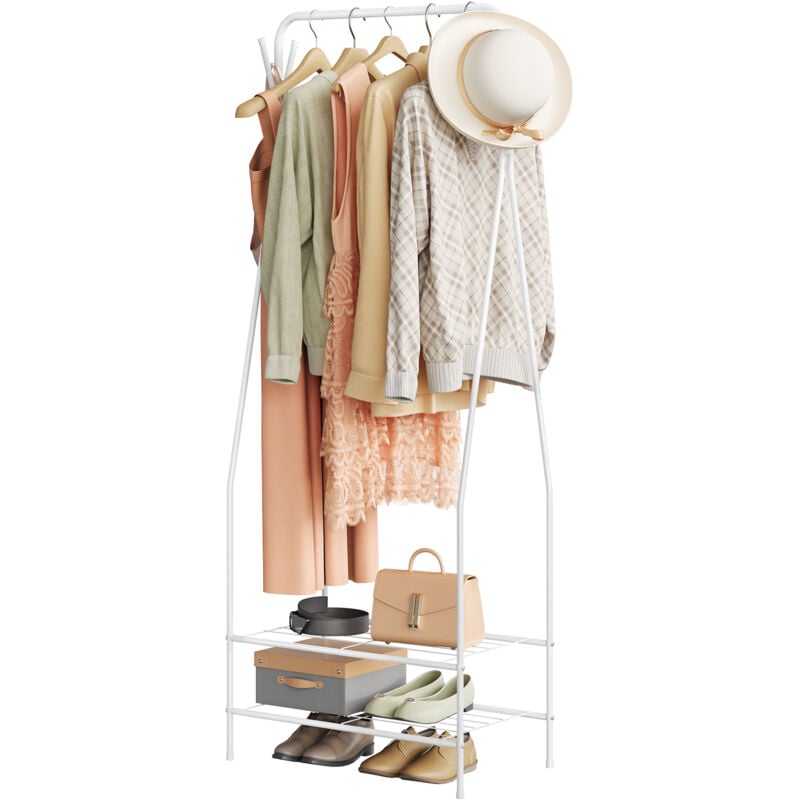 Woltu - Porte-manteau avec 2 étagères à chaussures, Penderie à vêtements en métal, 58, 5x32x158 cm, Blanc