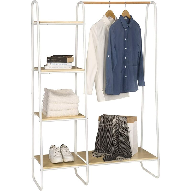 Woltu - Porte-manteau avec 4 étagères de rangement Portant des vêtement en métal et bois, 102x40x150 cm, Blanc+Chêne clair