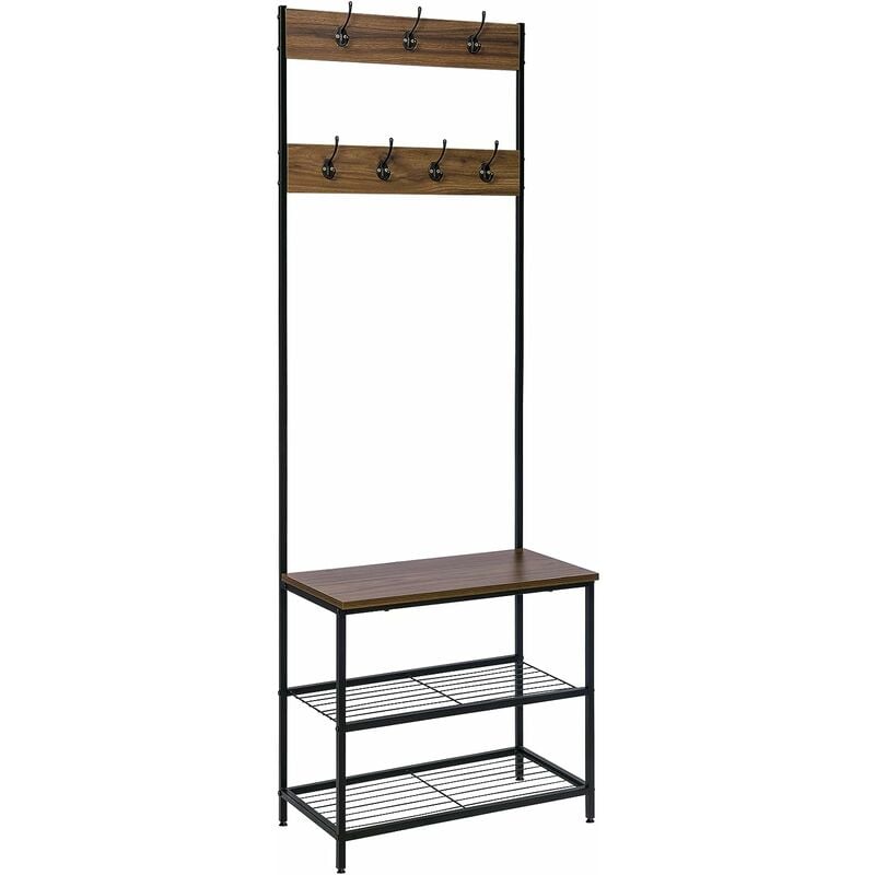 Woltu - Porte-manteau avec etagère à chaussures, 7 Crochets, Structure en acier, Noir+ Brun foncé