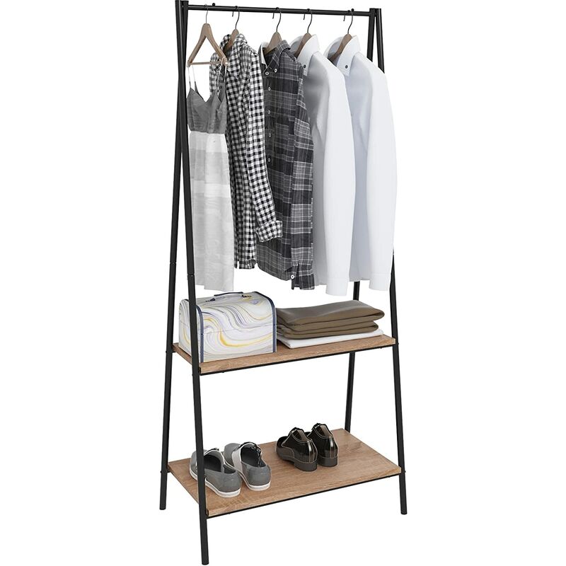 Porte-manteau avec étagère à chaussures, Penderie à vêtements en acier et bois, 64, 5x40x151cm, Noir + Chêne clair - Woltu