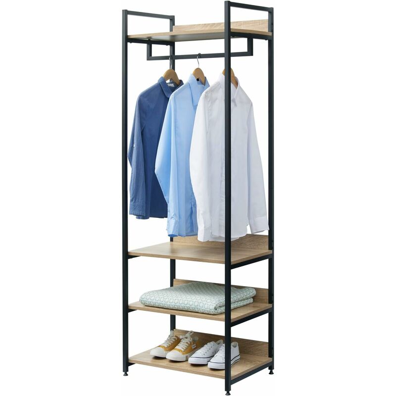 Porte-Manteau, avec un Tringle et 4 Étagères en Bois et Acier, Penderie Ouverte, Chêne clair+Noir, 60x40x170cm - Woltu