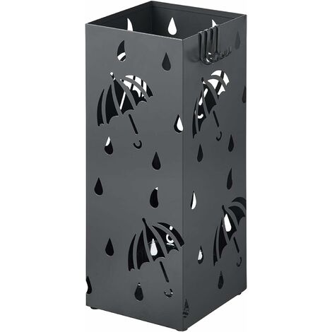 Woltu – Porte-parapluie en métal anthracite – Dimensions 20x20x49cm – 4 crochets et bac d'égouttement amovible – Design moderne et robuste