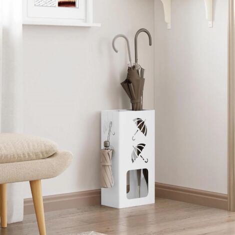 Woltu – Porte-parapluie en métal antirouille avec 4 crochets – 2 zones pour parapluies longs et courts – Dimensions 25x15x49 cm – Blanc