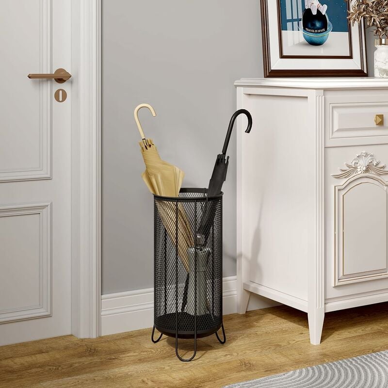 Porte-Parapluies Rond à Maille , 23x23x49cm, en Métal Antirouille, Seau de Parapluies Classiques et Pliants, avec Bac d'Égouttement et 4 Crochets,