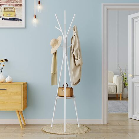 Woltu – Portemanteau sur pieds en forme d'arbre – 9 crochets – étagère ronde 29 cm – métal et MDF blanc et chêne – dimensions 45,5 x 45,5 x 180 cm