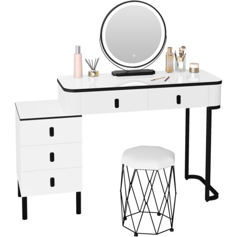 WOLTU Postazione Trucco+Sgabello, Toeletta con con 5 Cassetti, con Luci Dimmerabili, Specchio Ampio, per Camera da Letto, Stile Moderno, Bianco+Nero