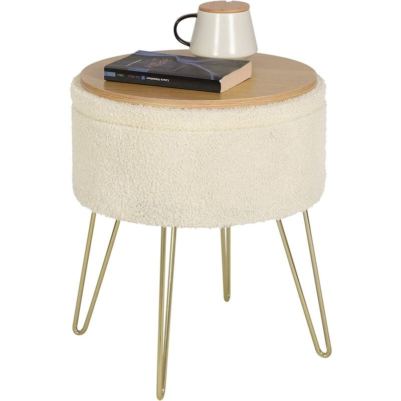 Pouf de Rangement rond, Tabouret Coiffeuse, pour Salon Chambre, Siège en Molleton Polaire avec Couvercle, Beige - Woltu