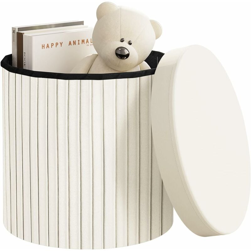 Pouf Rond avec Rangement 38x36 cm, Tabouret de Rangement Pliable en Velours, mdf, Crème - Woltu
