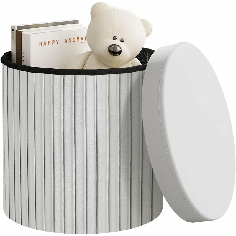 Pouf Rond avec Rangement 38x36 cm, Tabouret de Rangement Pliable en Velours, mdf, Gris Clair - Woltu