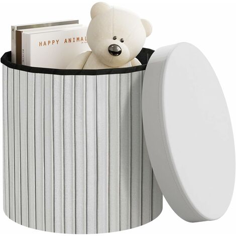 WOLTU Pouf Rond avec Rangement 38x36 cm, Tabouret de Rangement Pliable en Velours, MDF, Gris Clair