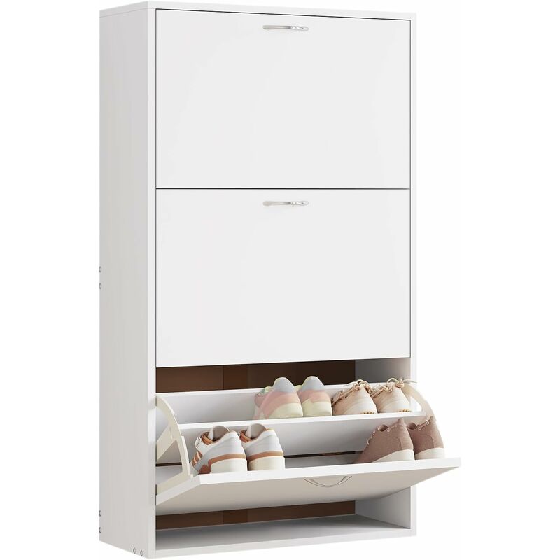 Rangement de Chaussures Haute avec 3 Tiroirs Rabattables, Armoire à Chaussures en Bois pour Entrée, Couloir, Blanc - Woltu