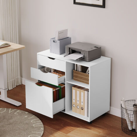 WOLTU Rollcontainer, Aktenschrank mit 3 Schubladen und 2 Offenen Fächern, Büroschrank mit 5 Rollen, verstellbarem Hängeregistratur, Schreibtisch Unterschrank, für Büro Zuhause, 80x69,5x39,5 cm, Weiß