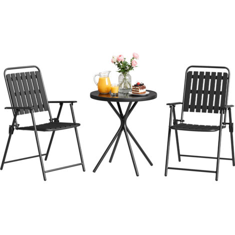 WOLTU Salon de Jardin 3 Pièces, Table et 2 Chaises en Métal, Résistant aux Intempéries, Chaises Pliables avec Accoudoirs, Noir