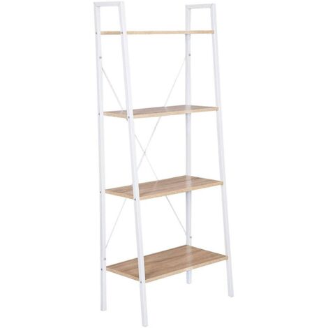 WOLTU Scaffale a Scala Libreria Portaoggetti in Legno Acciaio con 4 Ripiani Legno+Bianco