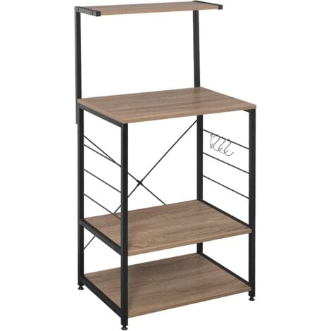 WOLTU Scaffale per Cucina in Acciaio Legno 4 Ripiani Ganci Carrello Microonde Legno+Nero
