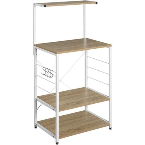 WOLTU Scaffale per Cucina in Acciaio Legno 4 Ripiani Ganci Carrello Microonde Rovere Chiaro+bianco