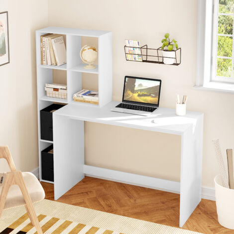 WOLTU Schreibtisch Computertisch mit Stauraum Regal, Bürotisch mit 6 Fächern 2 Vliesstoffboxen, für Büro Home Office Arbeitszimmer, 140,5x134x50 cm, aus Holzwerkstoff, Weiß