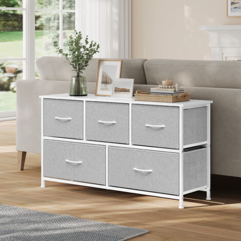 WOLTU Schubladenschrank, Kommode mit 5 Schubladen aus Stoff, Aufbewahrungsschrank Sideboard, Kommodenschrank, aus Metallrahmen Holzwerkstoff, für Wohnzimmer, Schlafzimmer, Flur, Hellgrau+Weiß