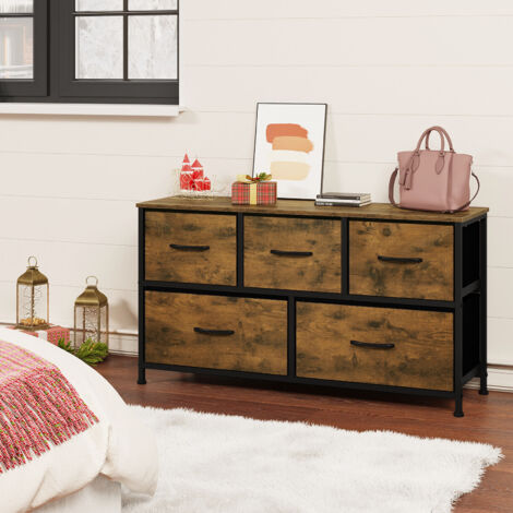 WOLTU Schubladenschrank, Kommode mit 5 Schubladen aus Stoff, Aufbewahrungsschrank Sideboard, Kommodenschrank, aus Metallrahmen Holzwerkstoff, für Wohnzimmer, Schlafzimmer, Flur, Vintagebraun+Schwarz