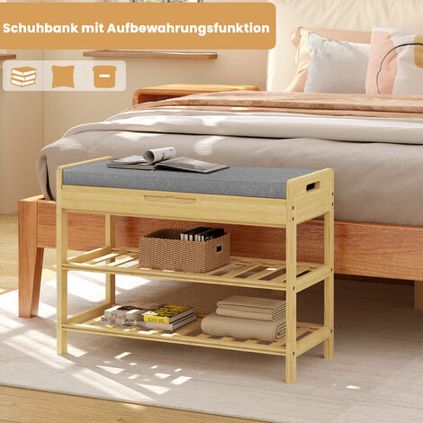 WOLTU Schuhbank mit Sitzfläche Schuhregal Schuhschrank aus Bambus Schuhablage mit Sitzfläche, mit 2 Schuhablagen 1 geschlossenem Staufach für Eingang Flur Wohnzimmer Schlafzimmer 68x50x30cm