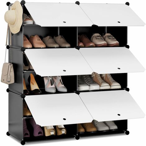 WOLTU Schuhregal mit 6 Fächern, Schuhaufbewahrung für 24 Paar Schuhe, Schuhschrank für Flur Wohnzimmer Schlafzimmer, Schuhorganizer mit Türen, aus modularen PP-Platten, Weiß Schwarz