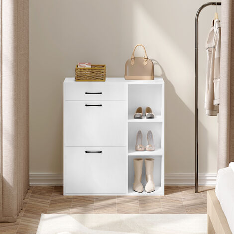 WOLTU Schuhregal Schuhschrank Schuhständer mit 3 Klappfächern, Schublade offenen Fächern Schuhorganizer aus Holzwerkstoff 80x30x90cm, Weiß