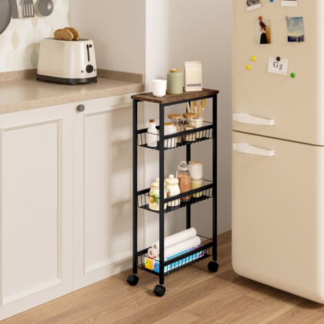 WOLTU Servierwagen, Rollwagen mit Arbeitsplatte, 3 Metallkörben, Küchenwagen Nischenregal mit Bremsen, Rollregal auf Rollen, für Küche Wohnzimmer, 40x87x20 cm, Schwarz + Vintage-holzoptik