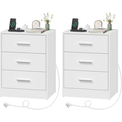 WOLTU Set 2 Comodini Camera da Letto Comodino Moderno da Notte con 3 Cassetti Tavolino Laterale da Divano Salotto Cassettiera Cameretta Bianco