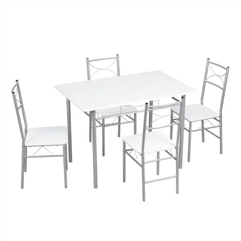 WOLTU Set da Tavolo Industriale e 4 Sedie, Bianco + Argento