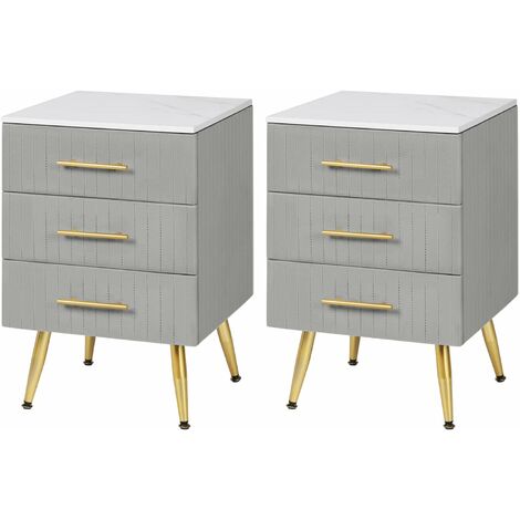 WOLTU Set di 2 Comodino Camera da Letto in Velluto con Tre Cassetti. Cassettiera in Legno. Organizzatore da Letto. Gambe in Metallo. Bianco e Grigio