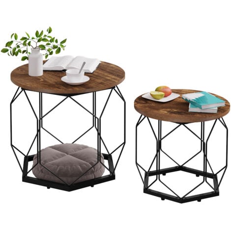 WOLTU Set of 2 Coffee Tables with Round Table Top. Sofa Table with Hollow Metal Frame. Living Room Table with Storage Space. Made of Wood Material Metal. Wood Look Vintage + Black