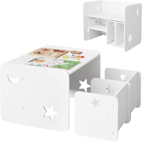 WOLTU Set Tavoli per Bambini in Legno - Tavolino Bambini, Sgabelli, Scrivania Tavolino Multiuso, Bianco