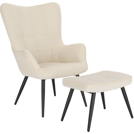 WOLTU Sillón de Relax con Reposapiés Silla de Escritorio con Escabel Sillón con Reposabrazos y Respaldo Alto de 59cm Pana Patas Blanco Crema