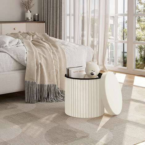 WOLTU Sitzhocker Sitzbox mit Stauraum und Deckel Rund Sitztruhe faltbar Polsterhocker Fußhocker Aufbewahrungsbox aus Velvet MDF φ38xH36 cm, Creme