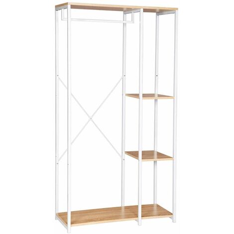 WOLTU Stand Appendiabiti con Ripiani Attaccapanni Guardaroba Scaffale Portabiti Legno+Bianco
