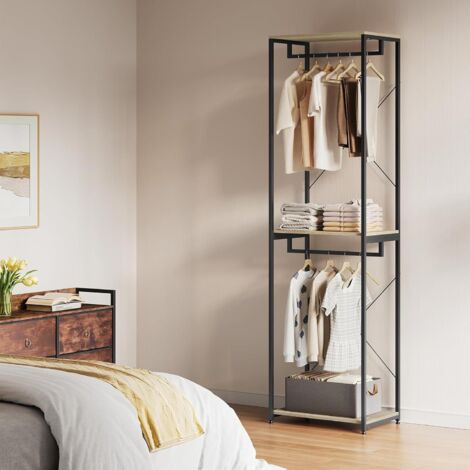 WOLTU Stand Appendiabiti in Legno Attaccapanni Guardaroba per Cameretta Scaffale Rovere Chiaro+nero