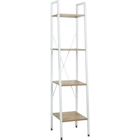 WOLTU Standregal Badregal Bücherregal Küchenregal Schuhregal aus Holz und Stahl, mit 4 Ablagen, ca. 34 x 35 x 148 cm, Weiß + Hell Eiche