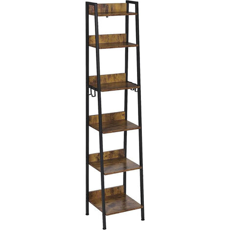 WOLTU Standregal mit 6 Ebenen, Küchenregal mit 4 Haken, Bücherregal im Industriestil, Lagerregal im Wohnzimmer Küche, Regal aus MDF Metall, schmales Leiterregal schwarz