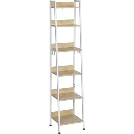 WOLTU Standregal mit 6 Ebenen, Küchenregal mit 4 Haken, Bücherregal im Industriestil, Lagerregal im Wohnzimmer Küche, Regal aus MDF Metall, schmales Leiterregal weiß