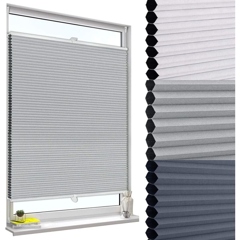 Woltu - Store plissé nid d'abeille 80x120cm sans perçage avec Porte-Pince, Store plissé antisolaire avec Feuille d'aluminium intégrée, Blanc+Gris