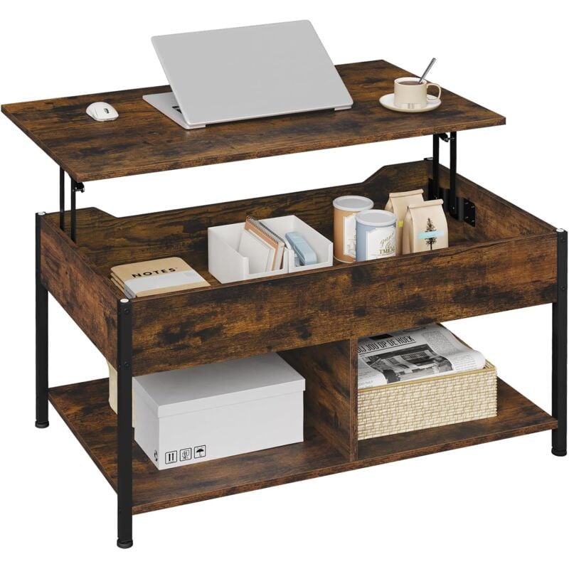 Woltu - Table Basse Table d'Appoint à Plateau Relevable, 90x50x(45-60) cm, Table Industrielle avec Espace de Rangement Ouvert et Caché, Bois