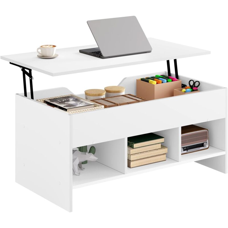 Woltu - Table Basse Relevable en Bois d'Ingénierie, Table Basse Salon, Table Basse avec Rangement, Blanc