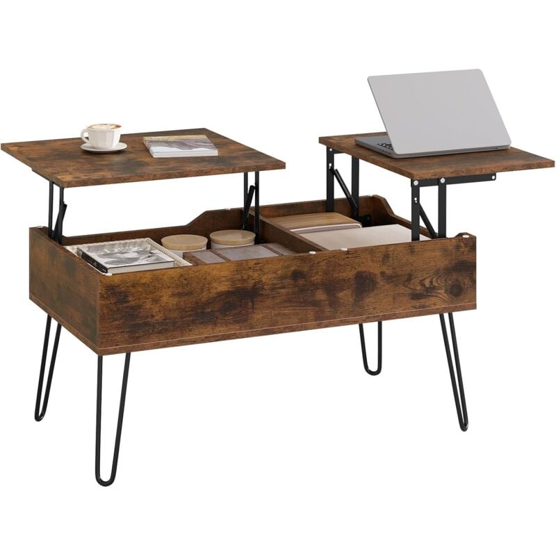 Woltu - Table Basse Relevable Table de Salon, Table Basse Industrielle, Table de Salle à Manger, Pieds en Métal, Effet de Bois brûlé