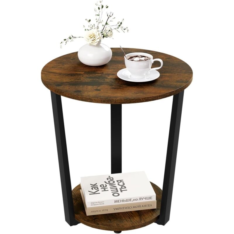 Woltu - Table Basse Ronde Table d'Appoint, Bout de Canapé avec Cadre Métallique, Table de Chevet, en Bois Composé et en Métal,Effet de Bois brûlé