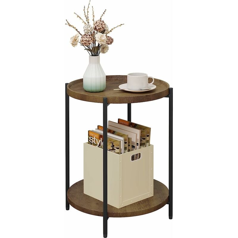 Table Basse Ronde, Table d'Appoint, Bout de Canapé avec Plateau Amovible, mdf et Métal, Veine de Bois Vintage - Woltu