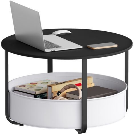 WOLTU Table Basse Ronde, Table d'Appoint de Salon, avec Panier de Rangement en Toile, Ø 80 cm, Noir + Gris