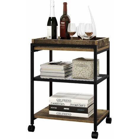 Woltu – Table d'appoint à 3 niveaux – Chariot de rangement sur roulettes – Plateau amovible en bois d'ingénierie et métal – Marron rustique et noir – 30 kg de capacité