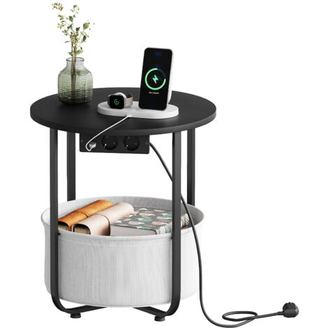 WOLTU Table d'Appoint avec Station de Charge, Petite Table Basse Ronde, Ø45xH50 cm, Noir+Gris