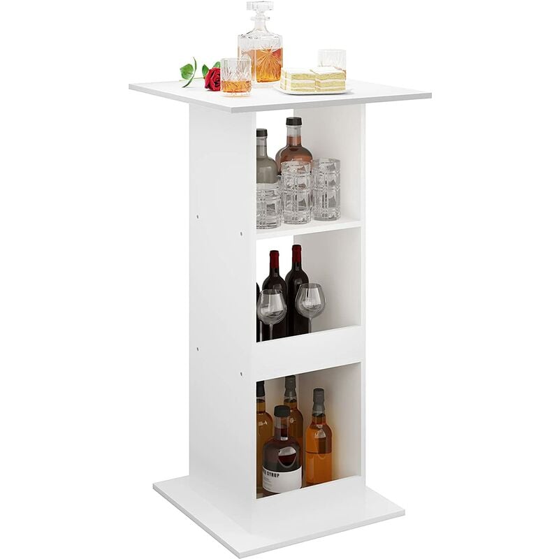 Woltu - Table de Bar Carrée avec 3 Étagères, Petite Table de Cuisine, Meuble d'Appoint, 60x60x112cm, Blanc